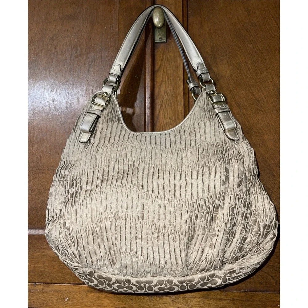 Coach Ruched Metallic Madison Maggie Silver Signature Pleated Hobo Bag 18886 - Picture 9 of 16
